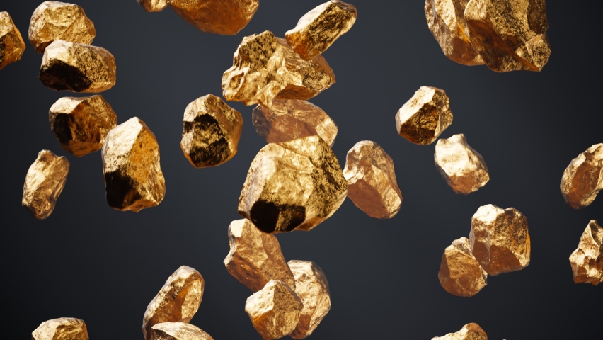 An endless number of gold pieces fall down. Expensive noble metal. Golden nuggets rain. Gold ore. Symbol of wealth. Precious treasure. Concept of investing capital, finance, banking purpose. Loop. Royalty-Free Stock Footage #1090195363