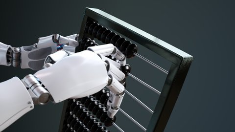 Advanced robot using an abacus. Artificial intelligence makes arithmetical and logical calculations. Futuristic technological concept of modern machinery solving mathematical problems. Render CGI