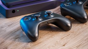 Video games concept. Realistic wireless gamepads for playing games on console or PC. Joysticks for a player. Video game controllers on the table. Detailed gamepads with sticks and buttons. Fun.