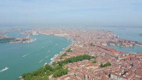 Inscription on video. Venice, Italy. Panoramic view of the historic center of Venice. sunny day. Name is burning, Aerial View