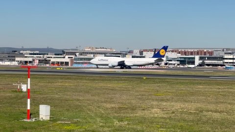 Frankfurt, Germany - April 18 2022: A Lufthansa Boeing 747-8 (tail sign: D-ABYI) taxiing on Frankfurt Airport