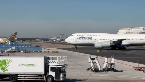 Frankfurt, Germany - April 18 2022: A Lufthansa Boeing 747-8 Jumbo taxiing on Frankfurt Airport