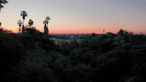 Aerial drone view of Dodger Stadium from Angels Point in Elysian Park at sunrise, Los Angeles, California, United States of America, North America