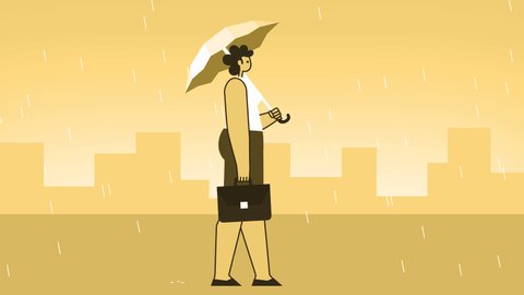 Yellow Style Man with Briefcase Flat Character Walking Cycle with Umbrella in the Rain. Isolated Loop Animation with Alpha Channel