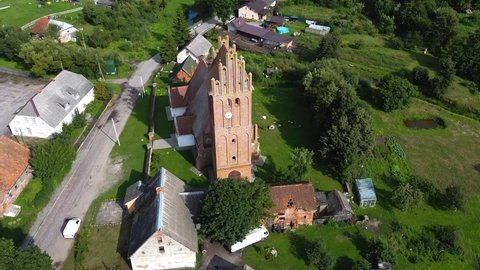 Kaliningrad, Russia, 19, August, 2021:
The old gothic church of St. Anna in the suburbs of Kaliningrad, drone flight around the building
