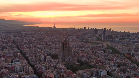 Dawn morning view of Sagrada Familia and Barcelona Cityscape. Catalonia, Spain