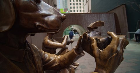 New York, New York United States - May 5,  2022: Paparazzi Dogman and Paparazzi Rabbitwoman (Bronze Sculpture). Close up of Camera