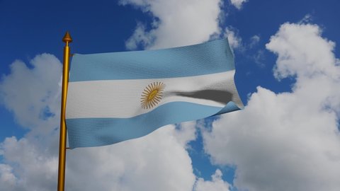 National flag of Argentina waving 3D Render with flagpole and blue sky timelapse, Republic Argentine flag textile designed by Manuel Belgrano, argentinian flag, Bandera de Ornato. 4k footage