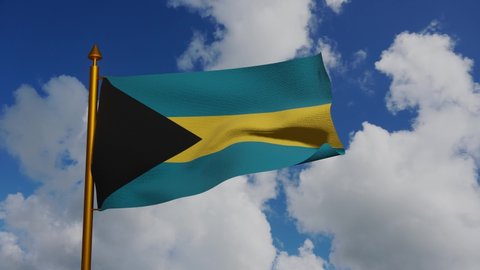 National flag of Commonwealth of The Bahamas waving 3D Render with flagpole and blue sky timelapse, flag Bahama Islands, Bahamas flag textile. High quality 4k footage