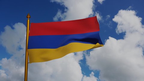 National flag of Armenia waving 3D Render with flagpole and blue sky timelapse, Armenian Tricolour flag Republic of Armenia. High quality 4k footage