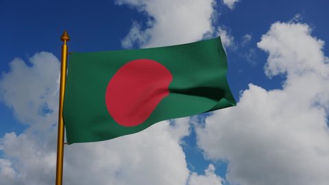 National flag of Bangladesh waving 3D Render with flagpole and blue sky timelapse, Bangladesh flag designed by Quamrul Hassan and Bangladesh Liberation War, Bangladeshis. High quality 4k footage