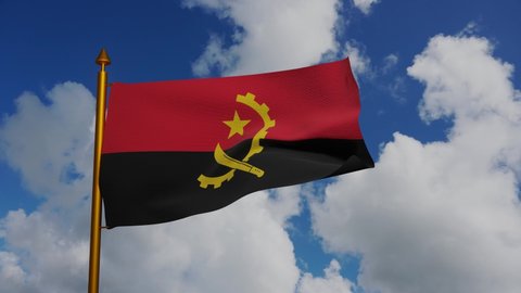 National flag of Angola waving 3D Render with flagpole and blue sky timelapse, Republic of Angola flag textile, Popular Movement for the Liberation of Angola MPLA. High quality 4k footage