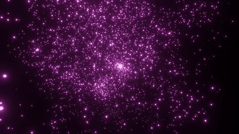 Emergence and spread of Violet particles from center. Explosion of elementary particles. Big bang or cosmic phenomenon Background. Sparkling and pulsating white particles flying from the center. 4k