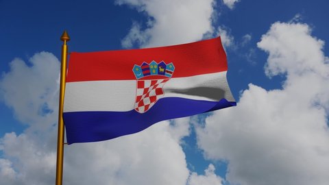National flag of Croatia waving 3D Render with flagpole and blue sky timelapse, Republic of Croatia flag textile, Trobojnica with coat of arms Croatia, croatian independence day, Miroslav Sutej. 4k