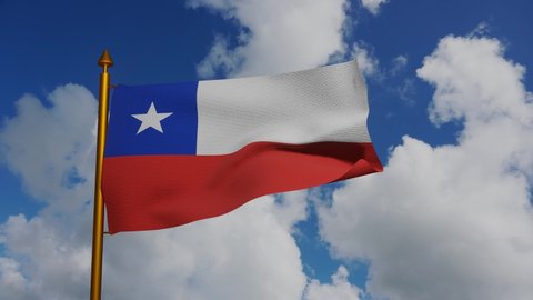 National flag of Chile waving 3D Render with flagpole and blue sky timelapse, La Estrella Solitaria or The Lone Star, Republic of Chile flag textile. High quality 4k footage