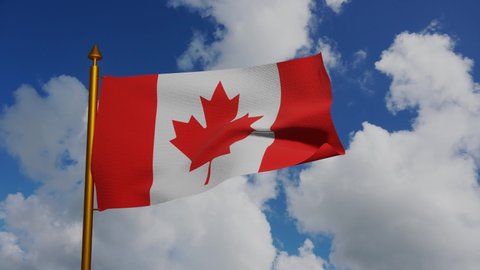 National flag of Canada waving 3D Render with flagpole and blue sky timelapse, le Drapeau national du Canada or Canadian flag, Canadian Maple Leaf designed by George Stanley. High quality 4k footage