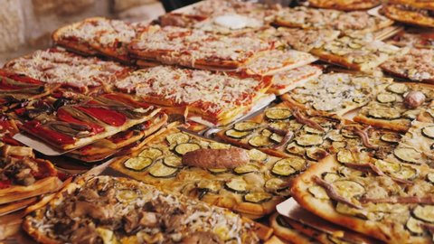 Spanish pizza close-up, tapas. Medieval festival. 