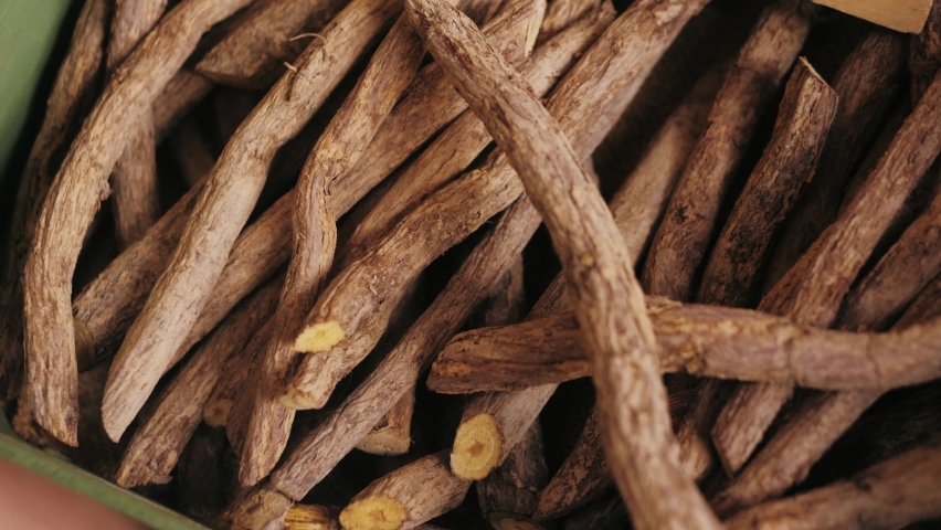 Licorice roots close-up. Herbal detox tea.  Royalty-Free Stock Footage #1090209901