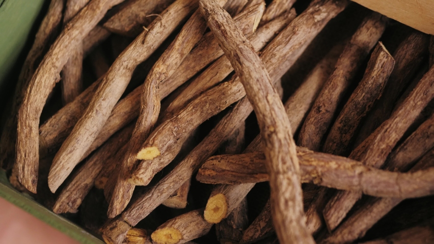 Licorice roots close-up. Herbal detox tea. 