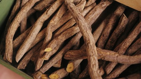 Licorice roots close-up. Herbal detox tea. 