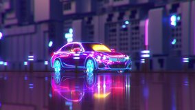The car of the future drives along the road of an abstract space city. Neon backlight. 3D renering.