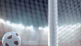 Soccer ball. Flies into the grid of the gate, against the background of the lamps. Slow motion. 3D rendering.
