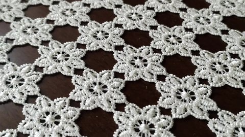knitted lace tablecloth with rope, handicrafts. tablecloth in a restaurant you need to bear the table