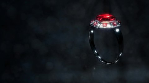 Shining dark metal ring with red ruby jewel rotate, fictive - loop video