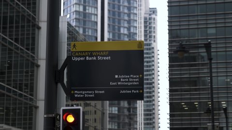London , United Kingdom (UK) - 05 07 2022: Canary Wharf Upper Bank Street Information Post Hanging Off Lamppost