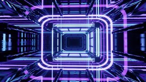 Ultraviolet tunnel. Hi-tech neon sci-fi tunel. Trendy neon glow lines form pattern and construction in mirror tunnel. Fly through technology cyberspace. 3d looped seamless 4k bright youth background.