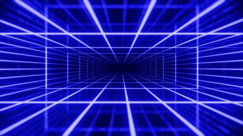 Vj loop. Fly through mirror tunnel with neon pattern, glow lines form sci fi pattern. Bright reflection neon light. Simple bright background, sci fi structure. 4k seamless looped animation.
