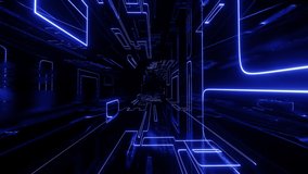 Hi-tech blue neon sci-fi tunel. Trendy neon glow lines form pattern and construction in mirror tunnel. Fly through technology cyberspace. Glow lines form sci-fi pattern. 3d looped seamless 4k bg.