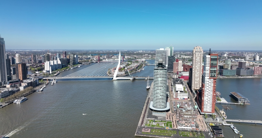 Skyline of Rotterdam in Holland, the Netherlands, skyhigh aerial, Nieuwe Maas and Rijnhaven. Urban city business office buildings district and promenade. Downtown of metropolis.