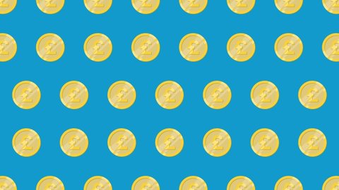Golden coins pattern with symbol of British currency Pound on a blue background. Seamless loop financial or business animation. Endless background with golden coins pattern