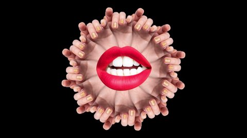 Cutout hands made into a hypnotic circular pattern with red lips in the middle