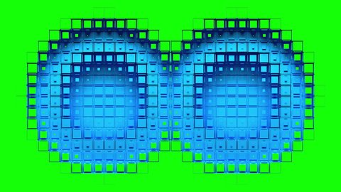 Blue voxels cut out of green screen, form two circular holes and reveal red chroma key. Abstract transition, 3D animated intro.