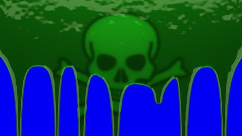 Green poison drips on blue screen and transparent background. Liquid flowing down the surface in streams, showing the skull and crossbones pictogram. 3D animation. Alpha channel ProRes 4444 in 4k UHD.