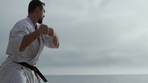 Sporty man practicing karate fighting standing beach under gray sky. Focused sportsman training martial technique cloudy morning outdoors. Bearded athlete workout wearing kimono with black belt.