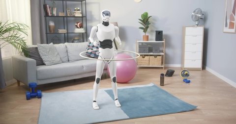 Three dimensional sci fi robot spinning hula hoop during domestic workout. White modern artificial intelligence doing sport exercises at bright cozy apartment.