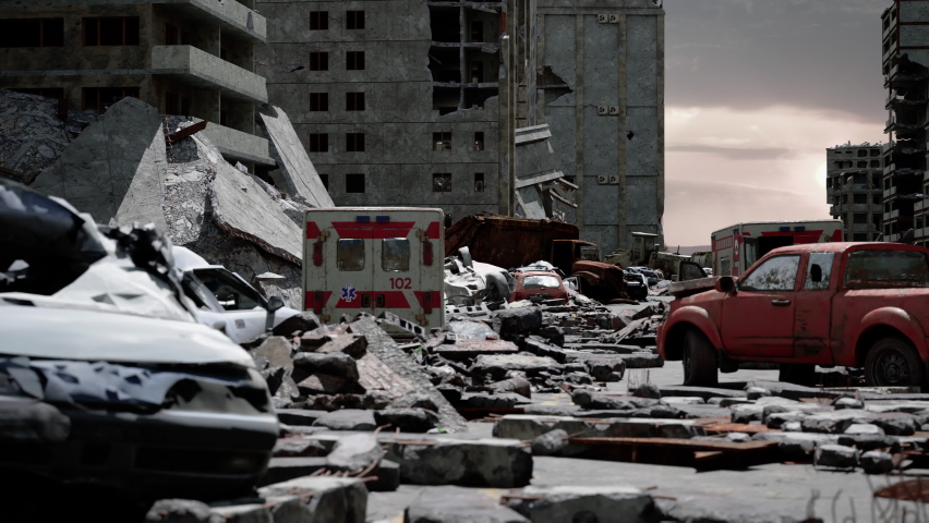 Huge damage cause by the war in Ukraine. The ruined city landmarks, debris of buildings, smoldering parts of Mariupol city structures. A convoy of tanks drive through the occupied city. The horror of