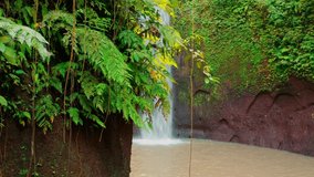 Tibumana Waterfall hidden in tropical rainforest jungle near Ubud, Bali, Indonesia 4K Aerial view
