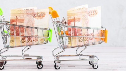 Shopping basket with Russian ruble notes, 5000 rubles in a cart