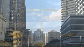 Animation of usa flag over office buildings. global business, economy, politics and cooperation concept digitally generated video.