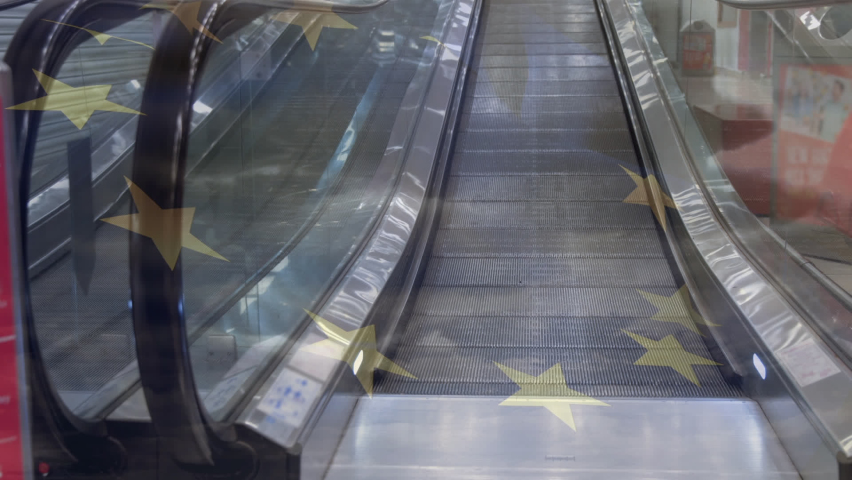Animation of european union flag over escalator. global business, economy, politics and cooperation concept digitally generated video. - Powered by Shutterstock - Get 15% off with code: PIKWIZARD15