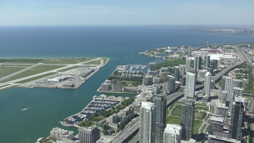 Toronto lakefront and city airport aerial view in 4K
