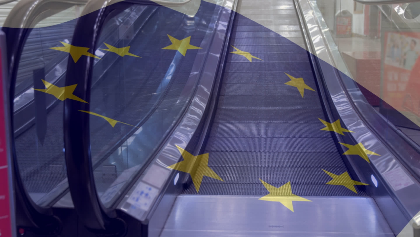 Animation of european union flag over escalator. global business, economy, politics and cooperation concept digitally generated video. - Powered by Shutterstock - Get 15% off with code: PIKWIZARD15