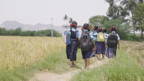Back view shot of village kids in uniform going home from school after class - concept of education, childhood lifestyle and friendship Video de stock