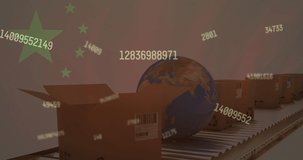 Animation of changing numbers over globe and packages. business, finance and delivery services concept digitally generated video.