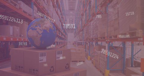 Animation of changing numbers over globe and packages. business, finance and delivery services concept digitally generated video.