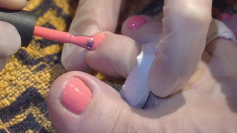 The pink nail polish on the nails of the toes during a pedicure session at home